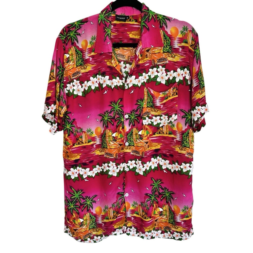 Vintage Jackpot Hawaiian Shirt Men Small Pink Floral Tropical Luau Tiki Vacation